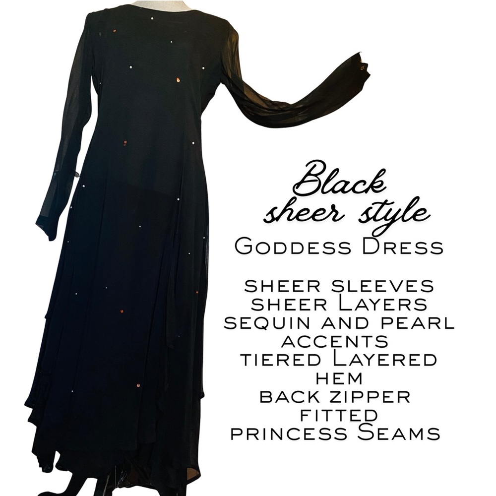 Black Sheer Fitted Feminine Goddess Dress with Sequin & Pearl Accents